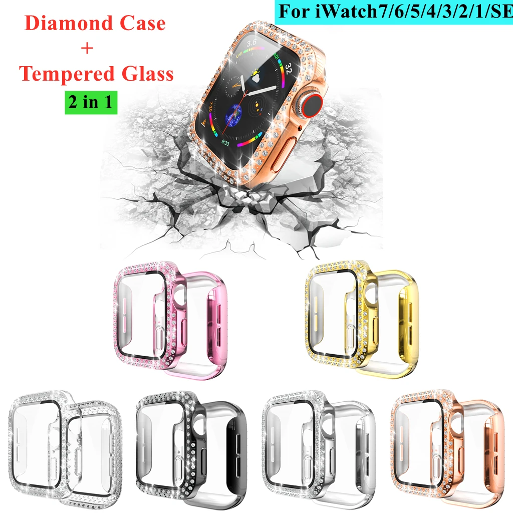 

50Pcs/Glass+Case For Apple iWatch 45mm 41mm 44mm 40mm 42mm Accessories Bling Diamond Bumper Protector Cover Series 7 6 5 SE