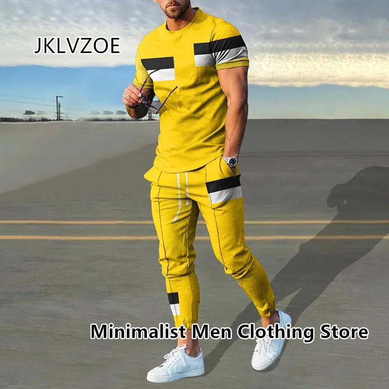 2023 Men's Trousers Tracksuit 2 Piece Set Fashion Sportswear Summer Stripe Print Short Sleeve T Shirt+Long Pants Male Clothing