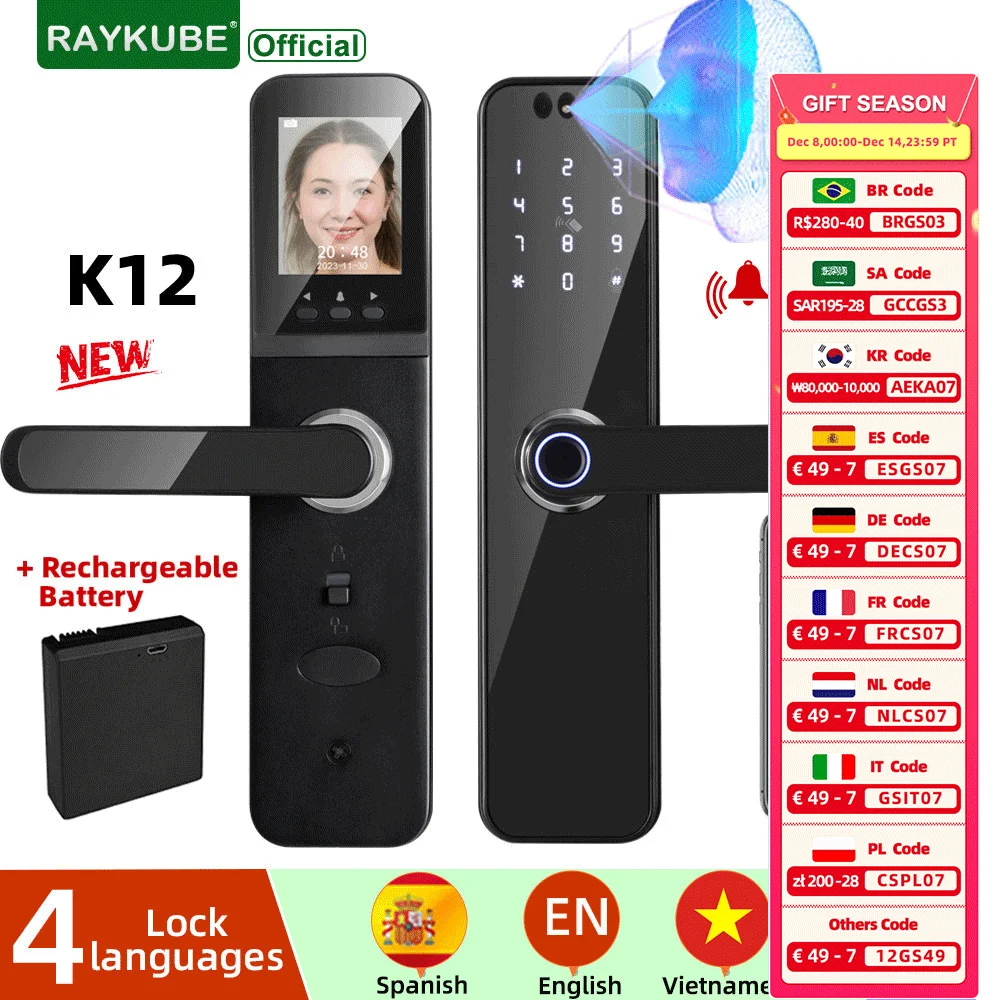 RAYKUBE K12 Tuya WiFi กล้องล็อคอิเล็กทรอนิกส์ 3D Face Recognition ลายนิ้วมือสมาร์ทประตูล็อคหน้าจอแบตเตอรี่ 1