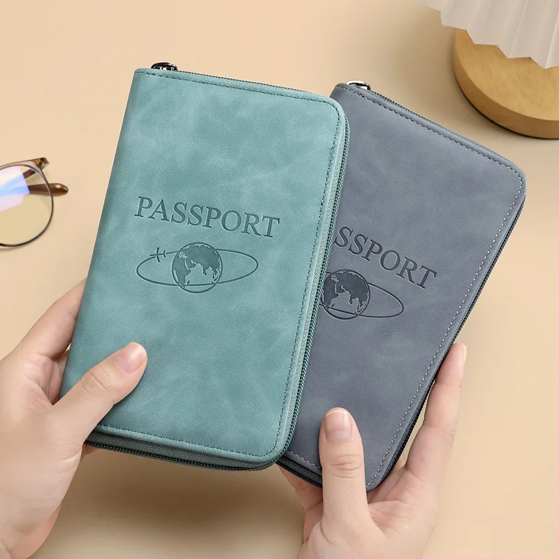 RFID Blocking Passport Holder Pu Leather Wallet Passport Cover Portable Multi-function Zipper Ticket Clamp Travel Accessory