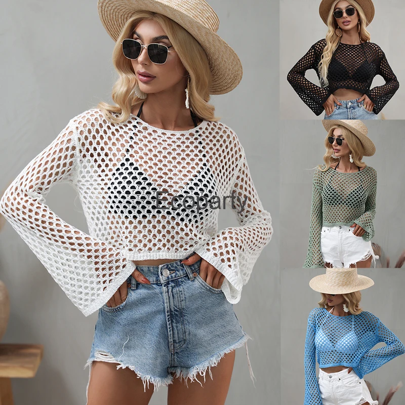 

Summer Fashion Hollow Knitted Pullover For Women 2023 Solid Round Neck Long Sleeve Short Pullover Vacation Casual Beach Smock