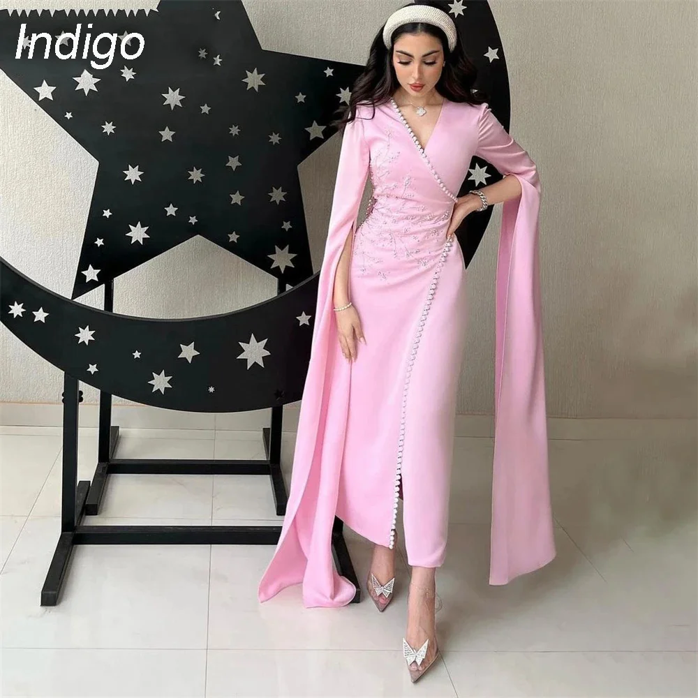 koendye v neck full sleeve short mermaid prom dresses mini length with sweep train sexy evening gowns for women new 2024 Indigo Prom Dresses Mermaid V-Neck Split Pleat Ankle-Length Long Sleeve Satin 2024 Elegant Evening Gowns For Women فساتين الس