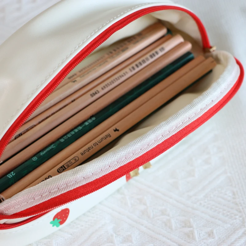 Cute Strawberry Love Pen Bag for Cool Girl PU Easy to Clean Butterfly Knot Stationery Storage Bag Birthday Gift Pen 1pc
