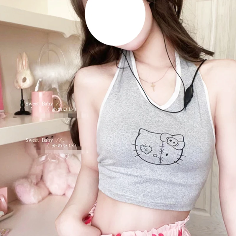 

Kawaii Y2K Hello Kittys Halter Vest Sanrio Cartoon Cute Student Clothes Summer Short Style Sleeveless Anime Girls Toys Gifts