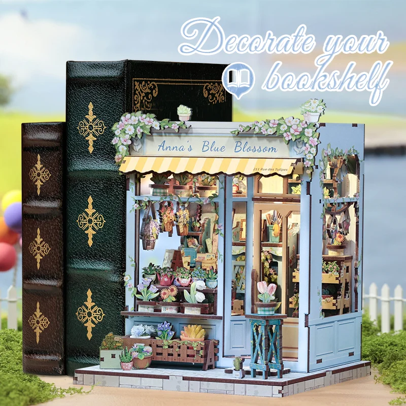 K di angolo per libri fai-da-te Inserto per scaffali Case delle bambole in miniatura Puzzle 3D Scaffale in legno Camera Fermalibri per casa delle bambole con luce a LED Giocattoli Regali