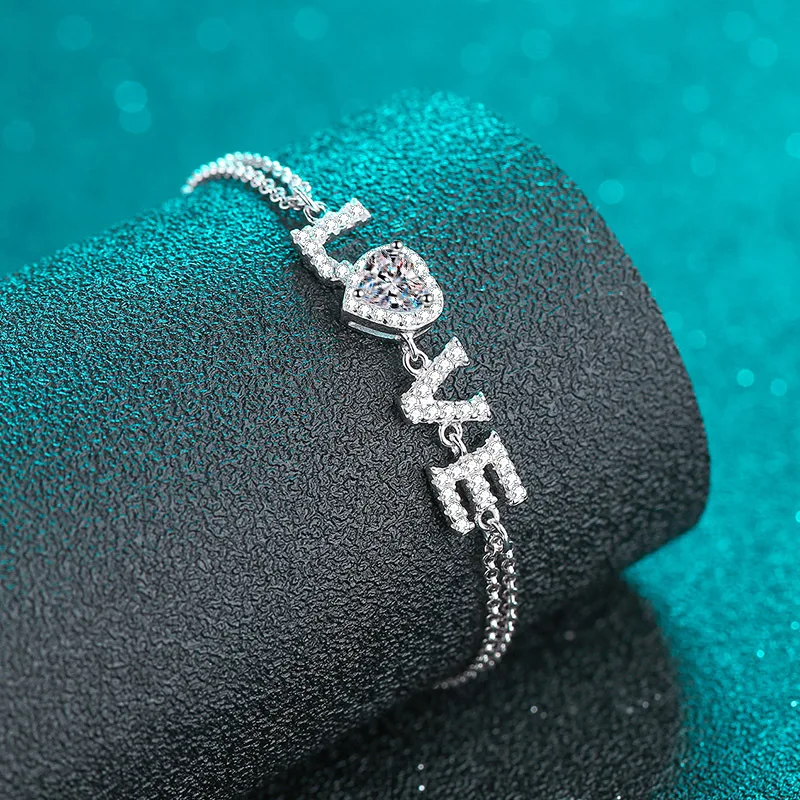 JECIRCON 925 Sterling Silver Moissanite Bracelet for Women PT950 Platinum Plated Valentine's Day Gift Fashion LOVE Hand Jewelry