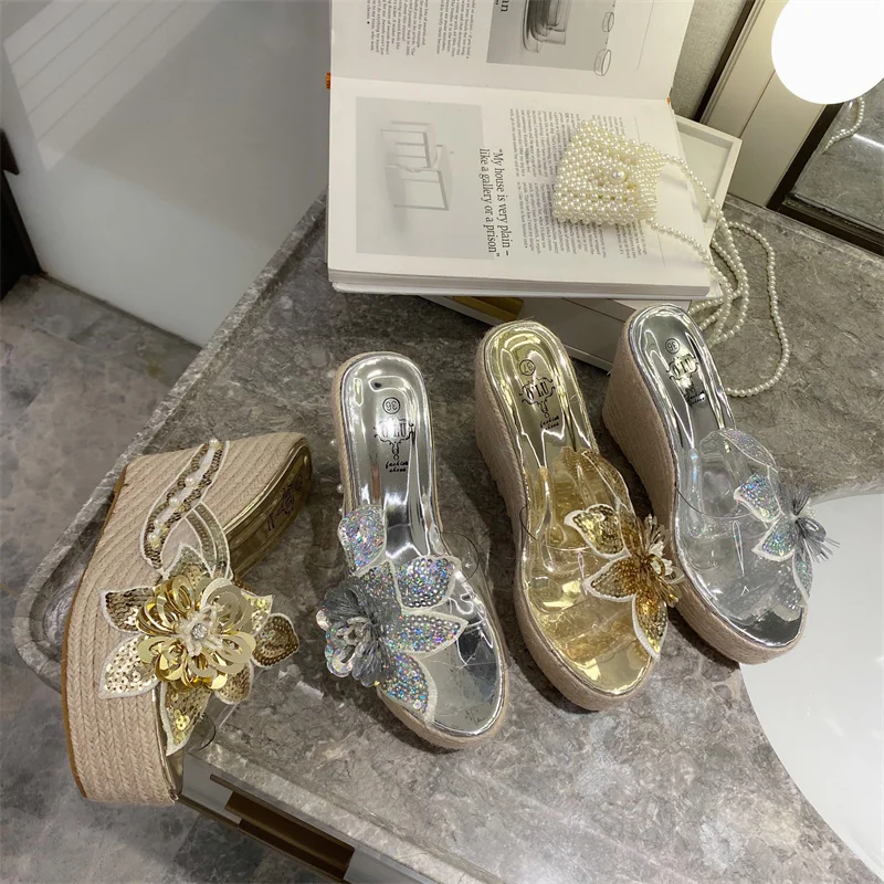 

Сандалии женские прозрачные на высоком каблуке, богемные босоножки с блестками, цветочным принтом, на платформе, с открытым носком, с открытым носком