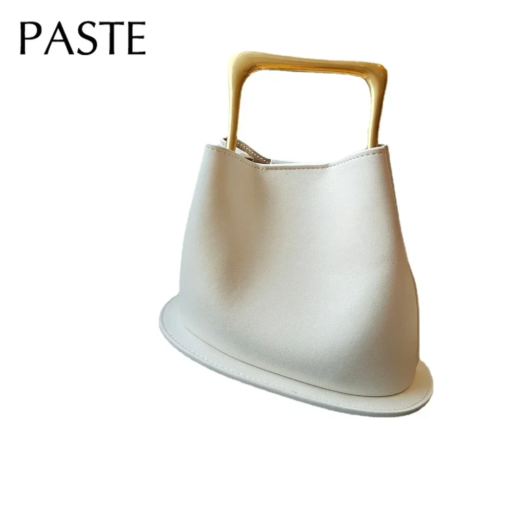 New Stylish High-end Bucket Tote Beige Color Plain Satin Cow