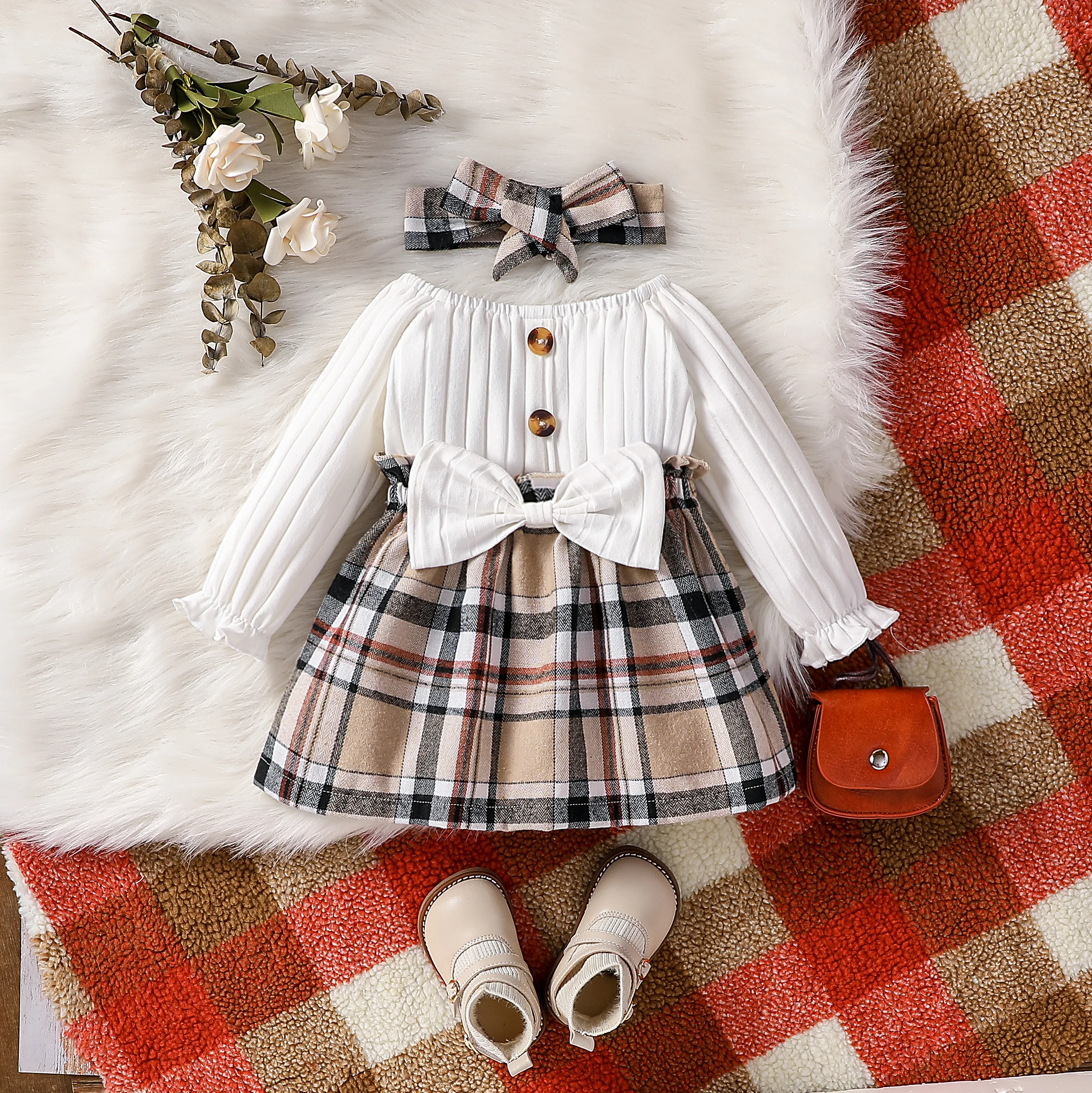 Baby Girls Summer Long Sleeve With Button Plaid For Preppy Style Party Dress 1