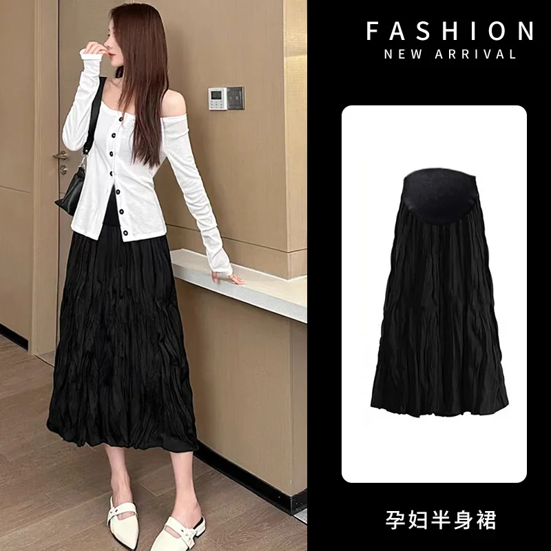 Korean Style Spring Maternity Belly Skirt Fashion High Waist Pregnant Woman Pleated Skirts Pregnancy Midi Skirts Black White