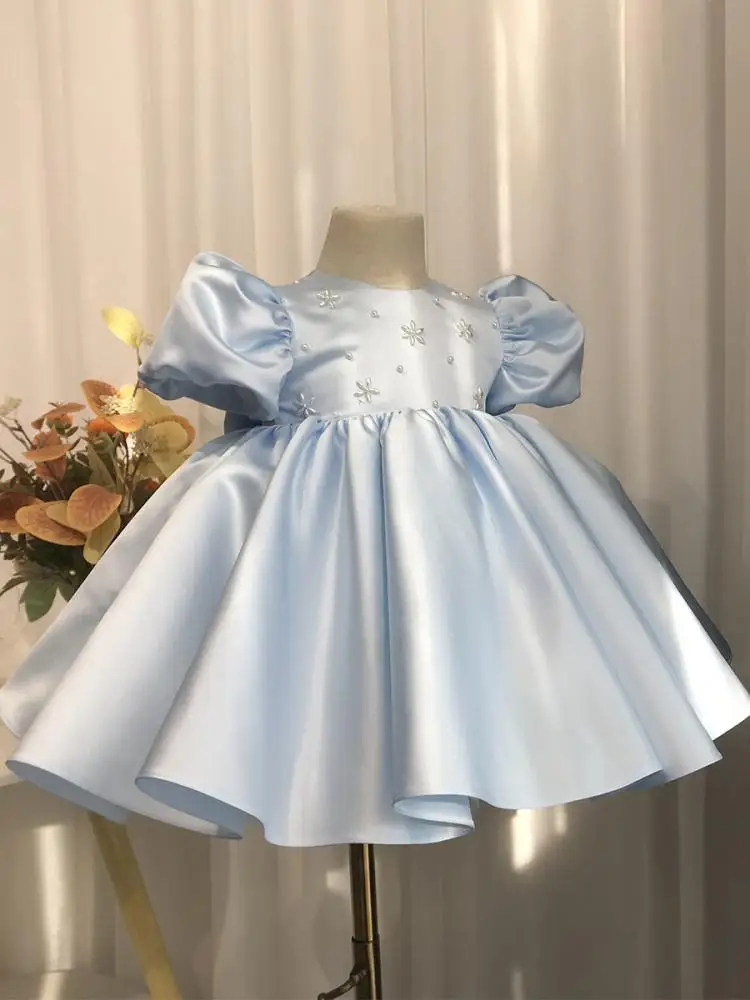 

Baby Girls Party Dress Kids Beading Puff Sleeves Plain Ball Gowns Children Baptism 1st Birthday Flower Girl Dresses for Wedding