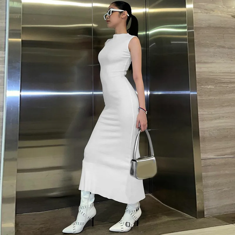 Vestido largo liso sin mangas para mujer, ajustado, con hombros descubiertos, elegante, ajustado, para fiesta, de verano