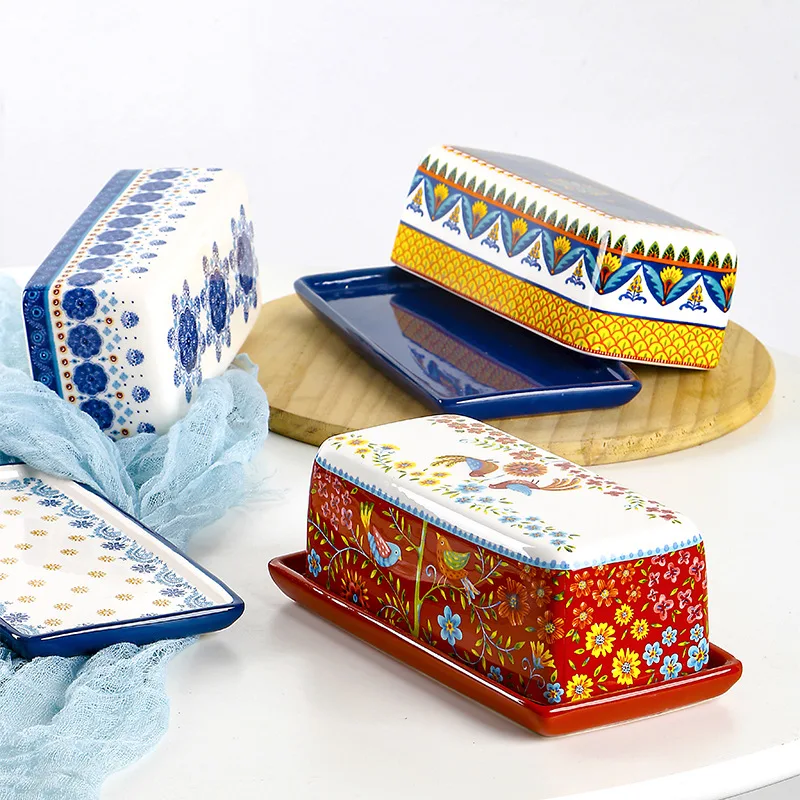 Bohemian Style Butter Container Ceramic Box Restaurant Sealed Storage Box Cheese Boxs Butter Slicer Dish Tableware