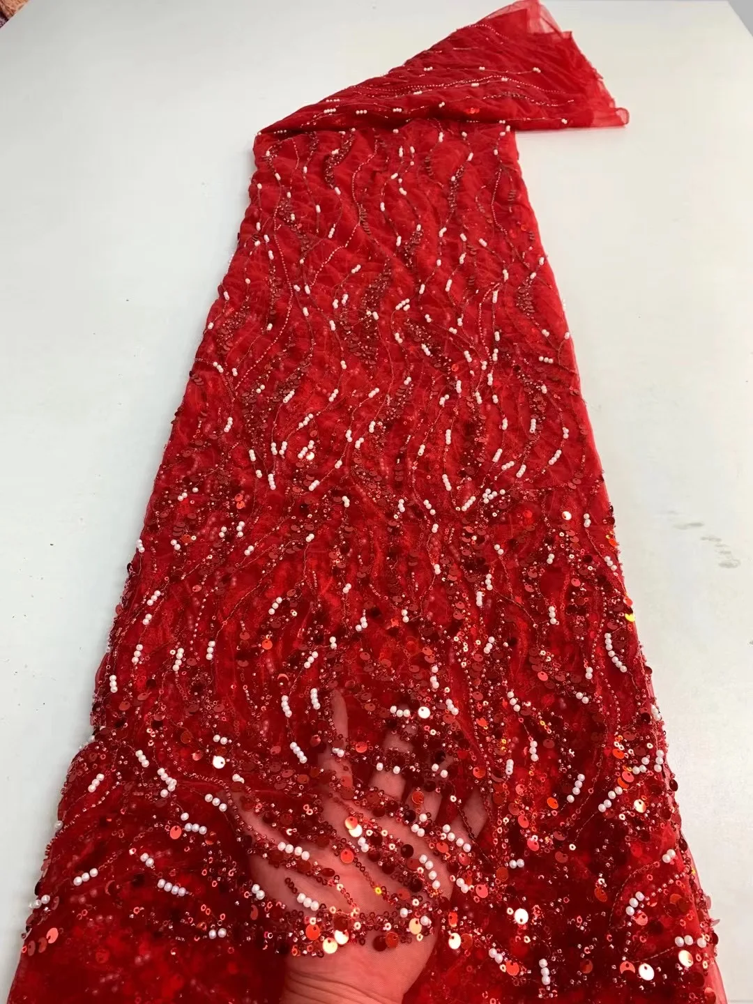 Latest Luxury Sequins Tulle Lace African Handmade Beaded Lace French 2022 High Quality Fabric Nigeria Bride Wedding Dress Sew 