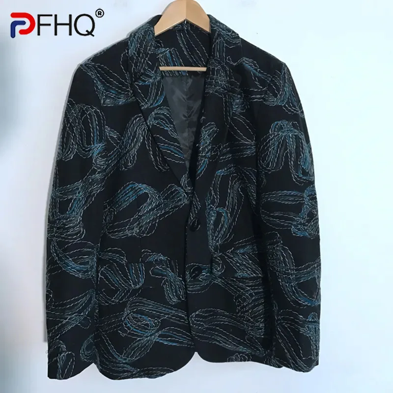 

PFHQ Men's Heavy Industry Wool Random Embroidery Abstract Art Handsome Blazers Versatile Baggy Interesting Suit Autumn 21Z1006