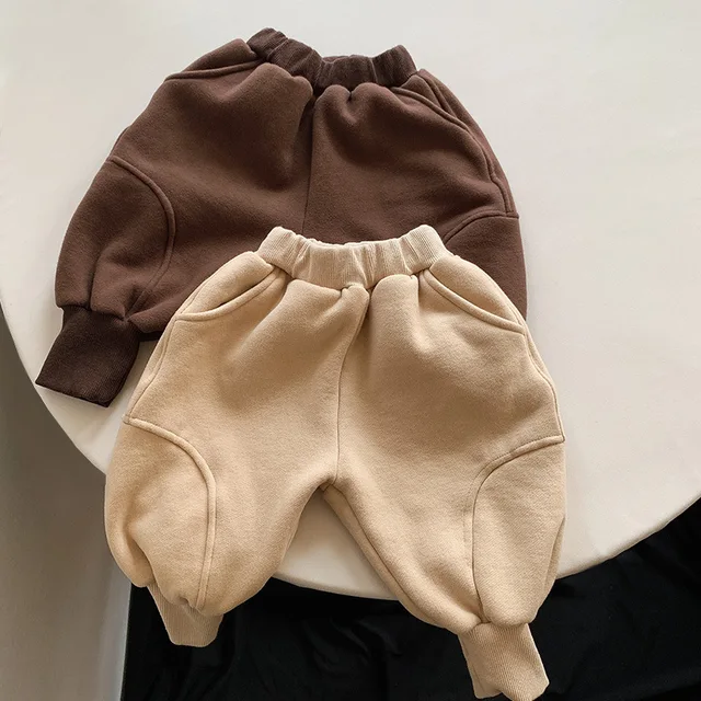 Korean 2023 Winter Young Kid Boy Pant Cotton Fleece Elastic Waist Infant Baby Boy Jogger Pant Loose Warm Solid Kids Boy Trouser