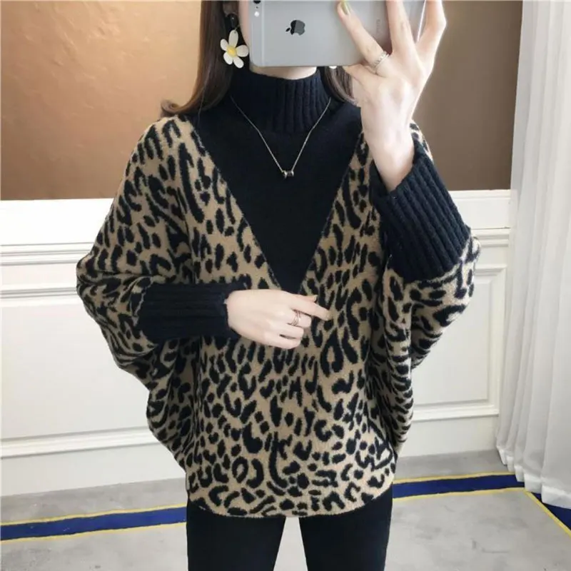 Women\'s Clothing Batwing Sleeve Leopard Sweaters Autumn Winter New Thick Half High Collar Spliced Loose Knitted Jumpers Female