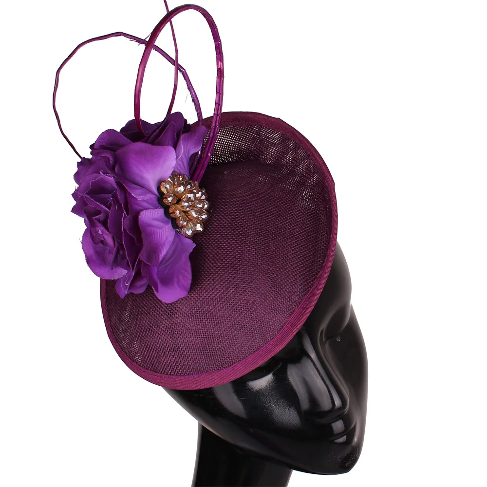 

Women Elegant Flower Mesh Fascinators Hat Bridal Purple Feather Hair Accessories With Clips Fascinating Wedding Church Headwear
