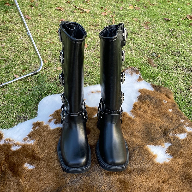 Women's Retro Brown Belt Buckle Round Head High Boots Knee Length Winter Denim Boots women knee boots