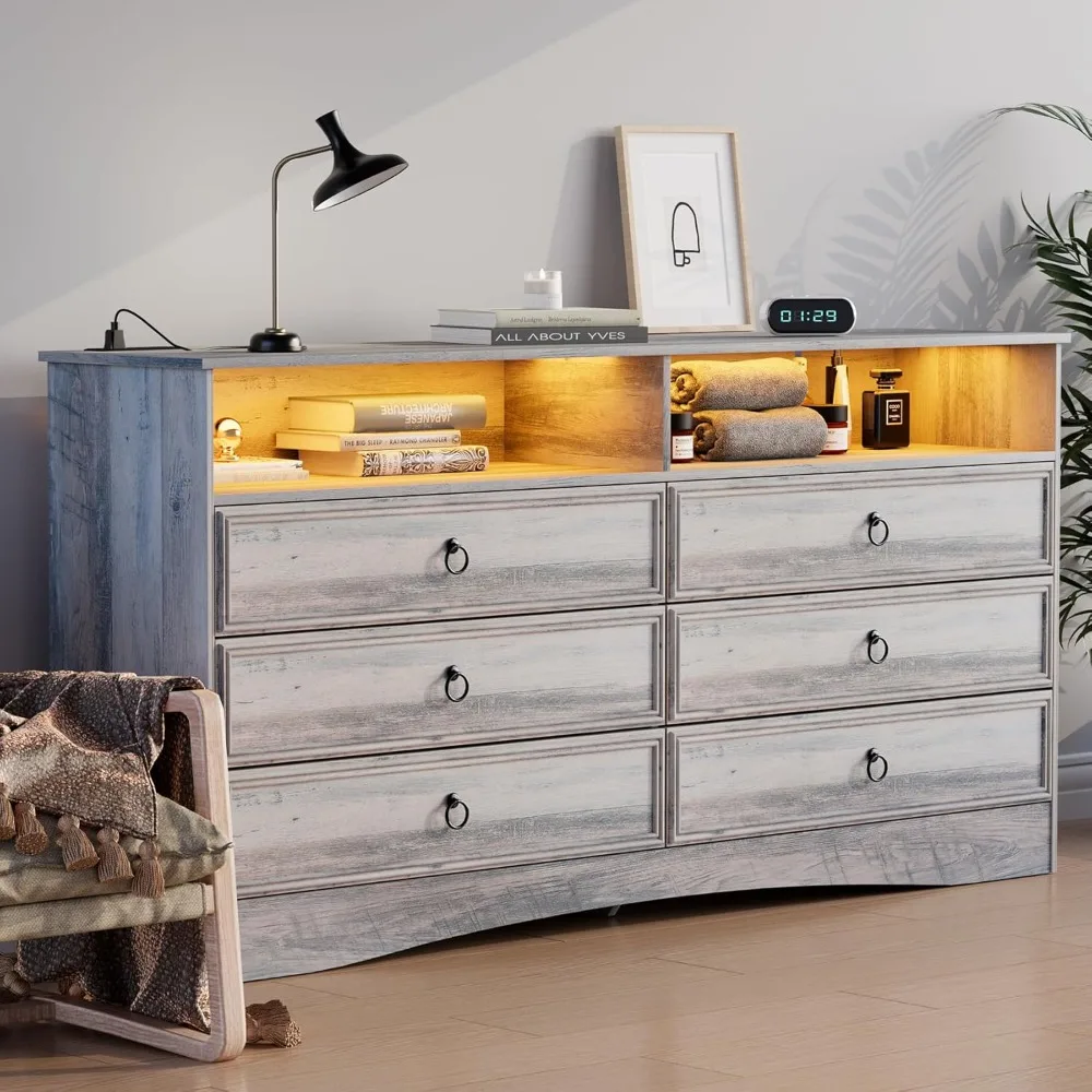6 Drawer Dresser for Bedroom with LED Lights and Charging Station, Wood 6 Chest Drawers, Large Storage 2