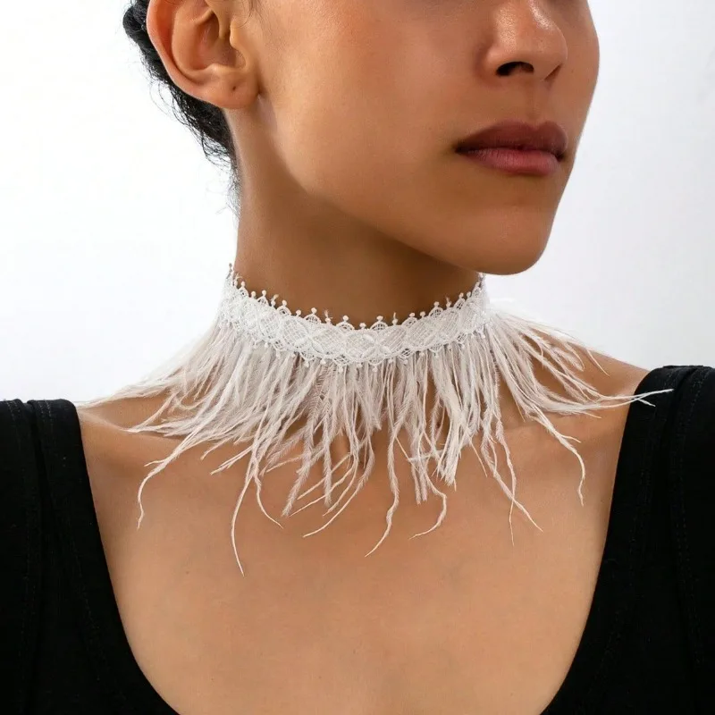 Gothic Feather Fringe Choker Necklace - Multi-Style Lace Collar with Bohemian Elegance, Y2K Statement Piece for Women