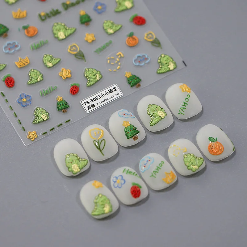 

1pcs Wholesale 5D Embossed Kawaii Green Relief Nail Stickers Cartoon Dino Nail Art Decorations Self Adhesive Slider Decals DIY