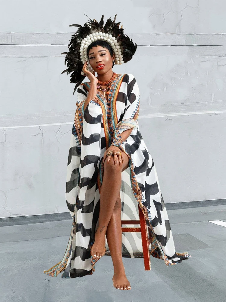 2023 Elegant Kaftan Long Print Tunic Loose Maxi Dress Vintage Bikini Women Summer Clothing Beach Wear Swim Suit Cover Up A2020 2