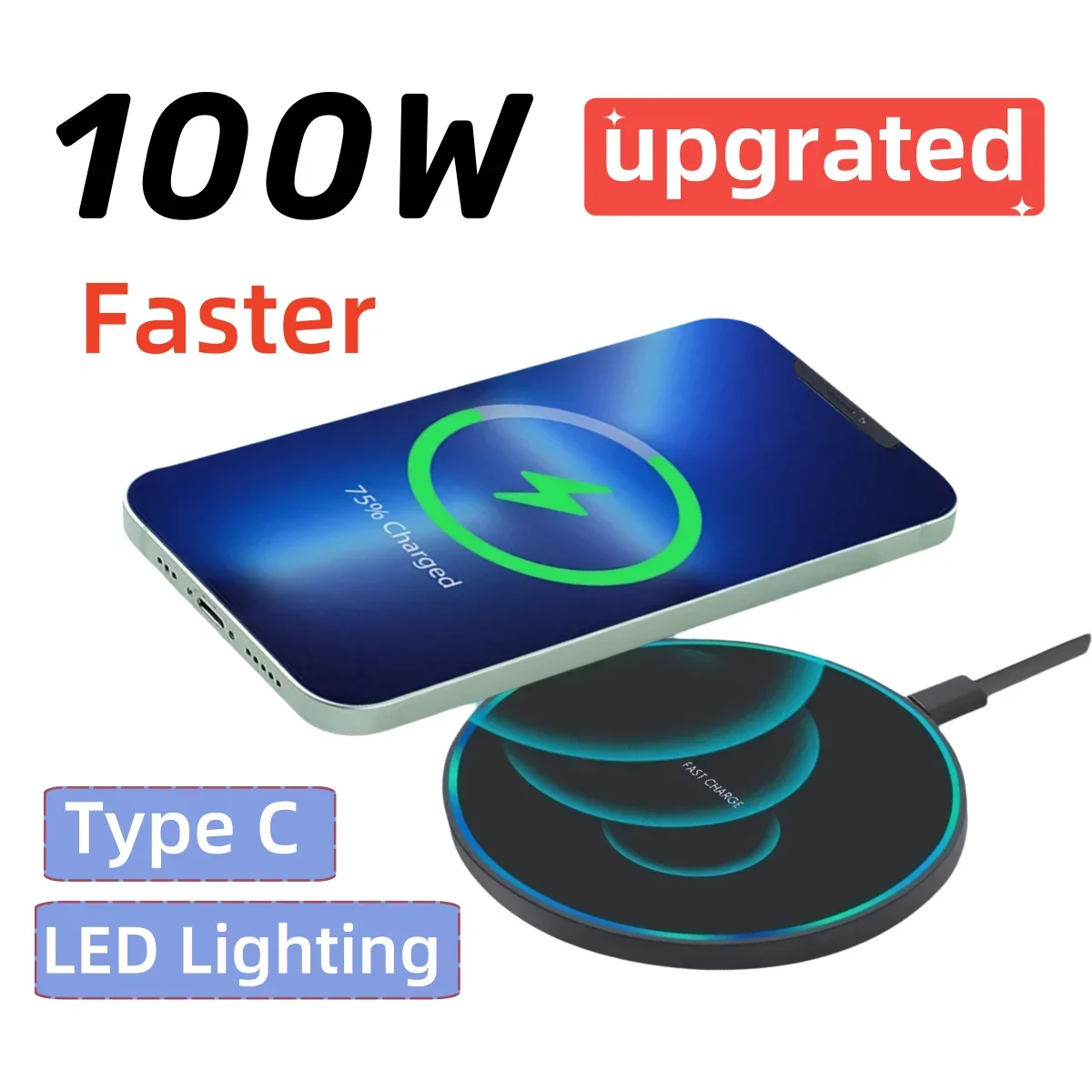 무선 충전기 패드 C 타입, 아이폰 15 14 13 12 X 프로 맥스 8 삼성 갤럭시 S23 샤오미 무선 충전 스테이션 충전기, 100W 