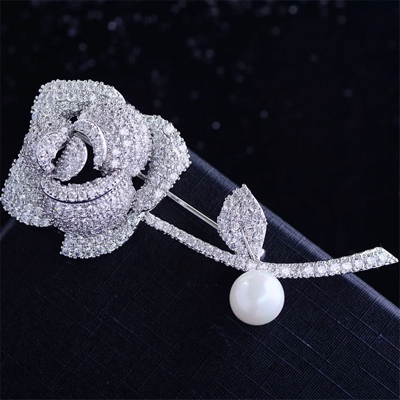 Micro Pave Cubic Zirconia Romantic Sweet Rose Flower Corsage Jewelry For Women Brand Design Luxury Wedding Party Brooches Pins