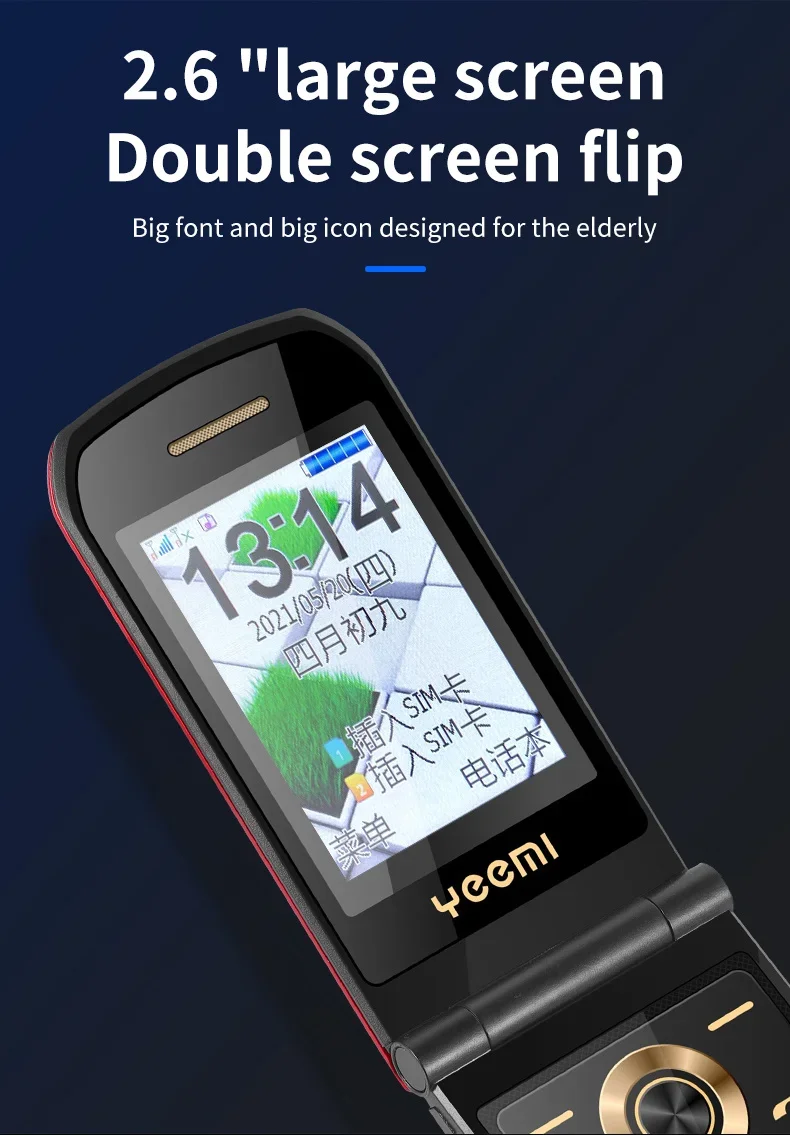 YeeMI K21+ 4G Flip Phone Big Button 2.6 Inch Screen Dual SIM Dual Screen Feature Phones 4800mAh Russian Keyboard For Elderly