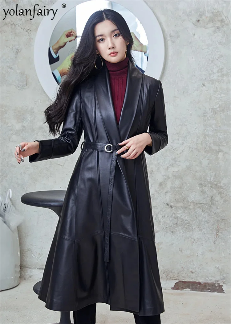 

Real Sheepskin Jackets Autumn Winter Mid-length Trench Coat for Women Waist Slim Natural Leather Jacket Woman Clothing Belt 2023