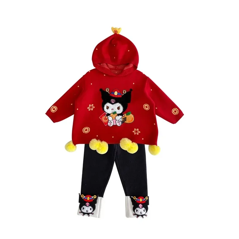 

Sanrio Kuromi Sweater Pants Suit Autumn Winter Cartoon Cute Cotton Leisure Hooded Pullover Trousers Long Sleeves Two Piece Set