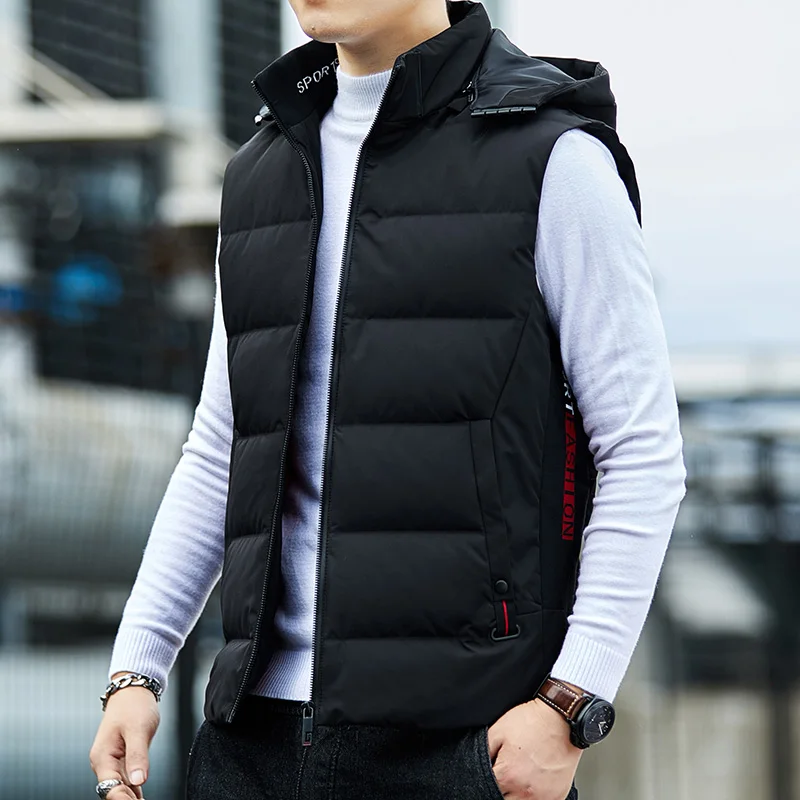 Warm Duck Down Vest Hooded Detachable Men Stand Collar Windproof Jacket Fashion Simple New Causal Thermal Sleeveless Zipper Coat