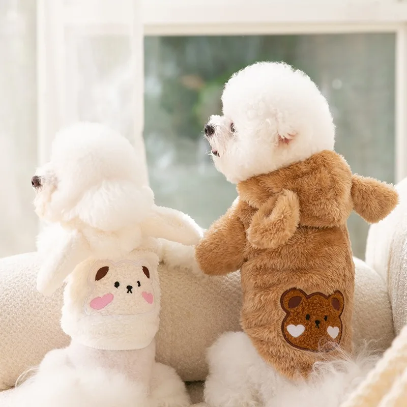 귀여운 곰 후드, 두꺼운 따뜻한 강아지 의류, 강아지 두 다리 코튼 코트, 테디..