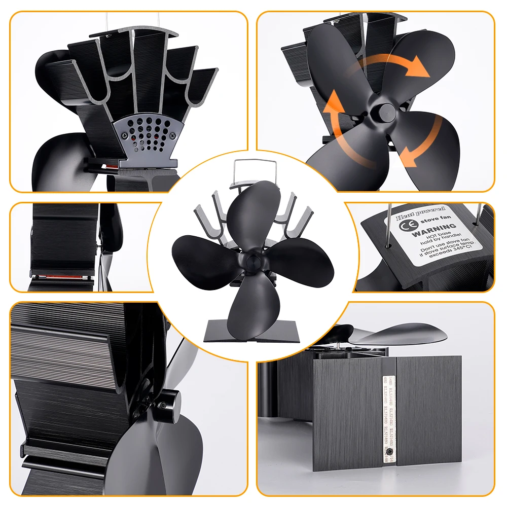 4 Blades Heat Powered Stove Fan Log Wood Burner Eco Quiet Hot Fireplace Fan Home Warm Heating Efficient Heat Distribution