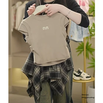 Summer Girls Clothing Set Solid Color Sleeveless T-shirt+Plaid Irregular Skirt 2Pcs Suit For 5-14 Years Teen Kids Fashion Outfit 5