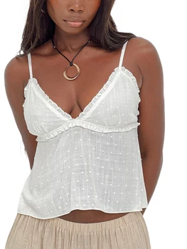 Women Camisole Sleeveless Tops V-neck Jacquard Frills Summer Vest for Party Club 1