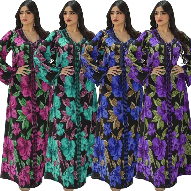 Dresses For Women 2023 Muslim Ethnic Floral Print New Abaya Diamonds Long Sleeve Maxi Dress Djellaba Marocaine