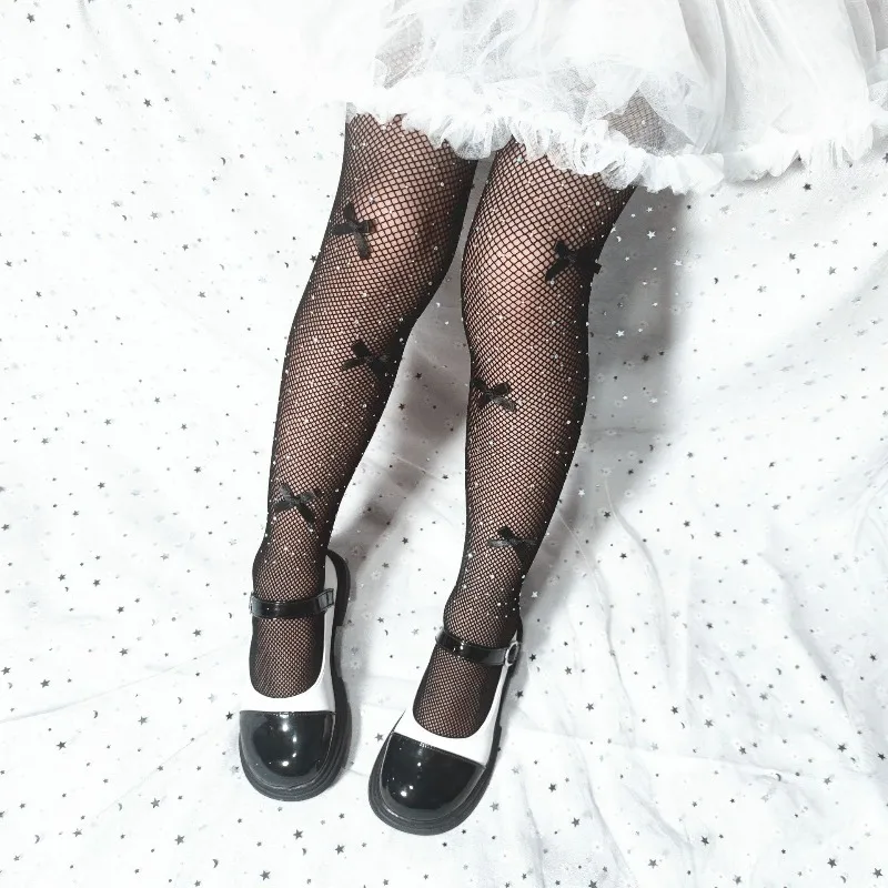 Diamond Net Socks Children's Color Stockings Women's Hollow Bottom Socks Bow Pantyhose with Drill Socks