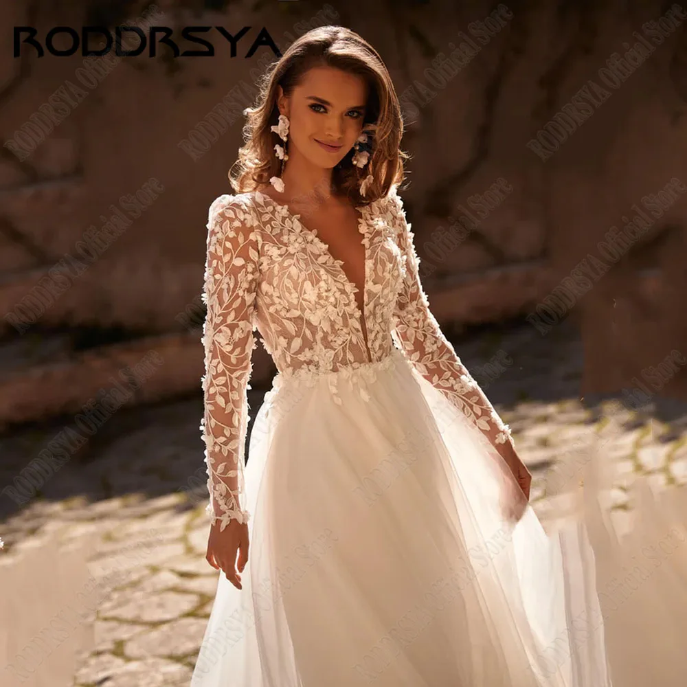 RODDRSYA A Line Bride Wedding Dresses Long Sleeve Applique Backless Lace Boho Bridal Gown Vestido