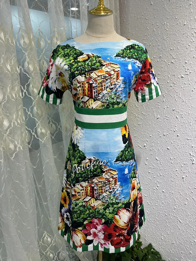 

Платье Sicilian женское с круглым вырезом, модное элегантное мини-платье с коротким рукавом, с цветочным принтом, для отдыха, приталенное, на лето