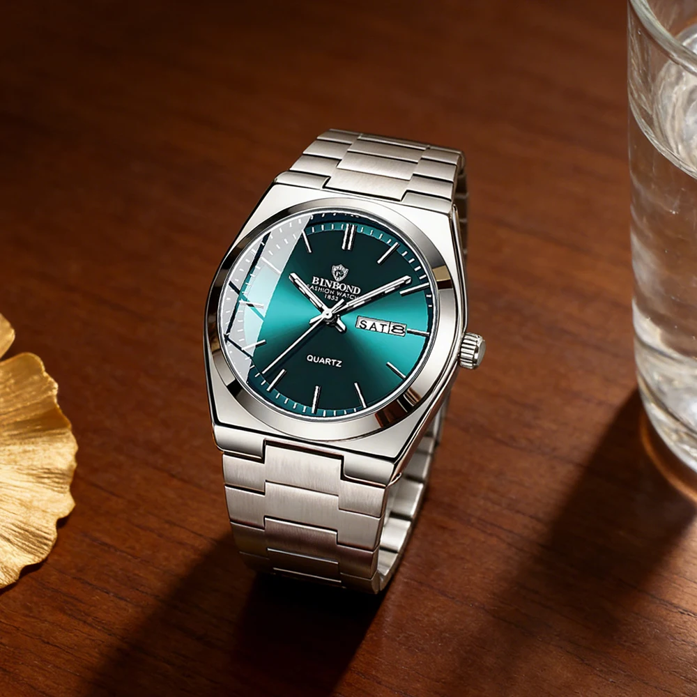 Montre homme luxe BINBOND quartz acier inoxydable étanche affichage date semaine lumineuse business