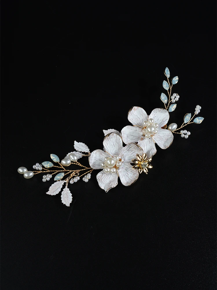 Handmade Hair Clip Gold Flower Bridal Headband Alloy Leaf Wedding Hair Accessories Tiara for Women Headpiece Brides Headdress
