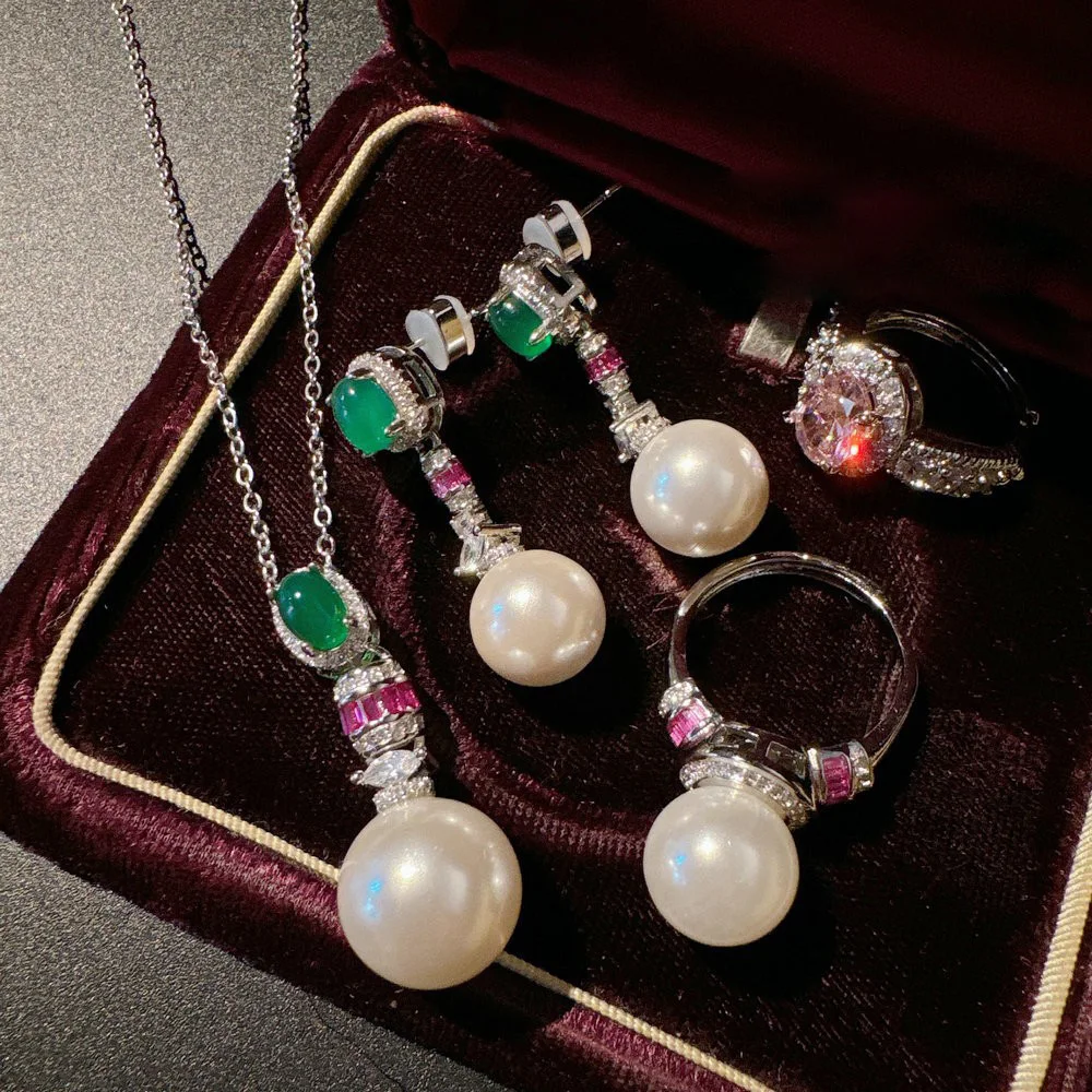Women Brazil Chrysoprase Agate Gemstone Pearl Earrings Necklace Set 2024 5