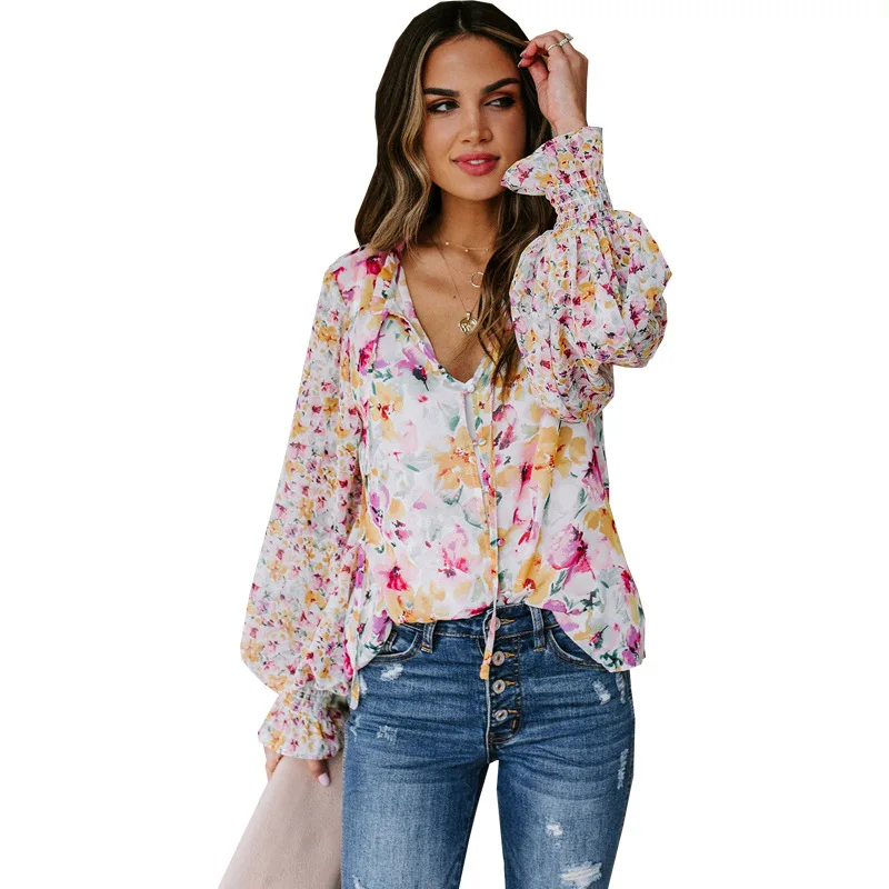 2024 New Chiffon Cardigan Spring and Summer Loose Floral Pattern Fashion Lantern Sleeve Blouse Women Womens Tops Blouses