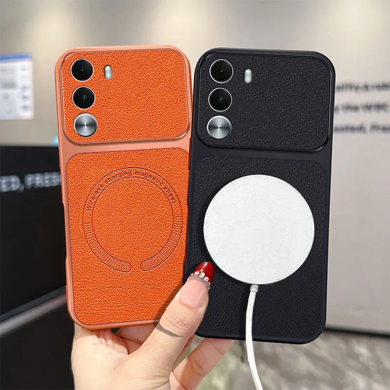 Vegan Leather Magnetic Ultra-Thin Anti-Drop Case with Wireless Charging Capability