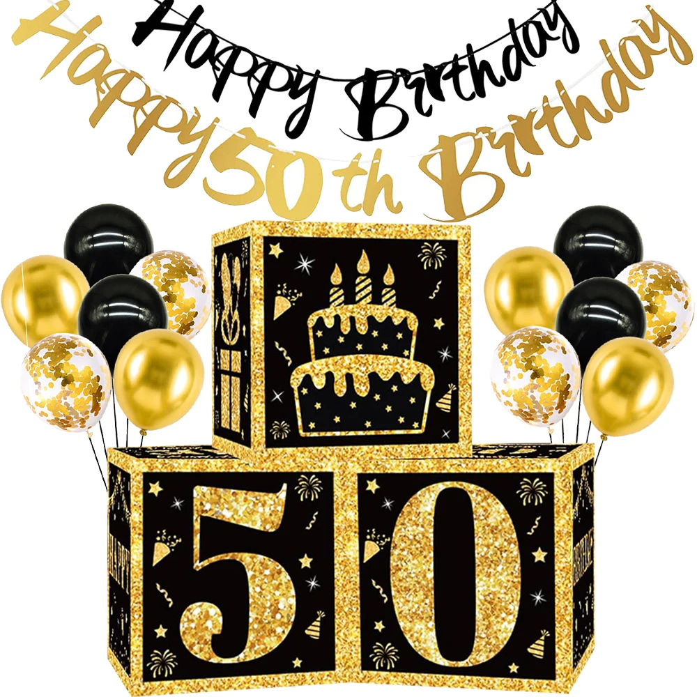 50. Geburtstags-Dekorationsschachtel für Männer und Frauen, Partyzubehör, Gastgeschenk mit schwarzem Gold, alles Gute zum 50. Geburtstag, Banner, Ballon, Karton