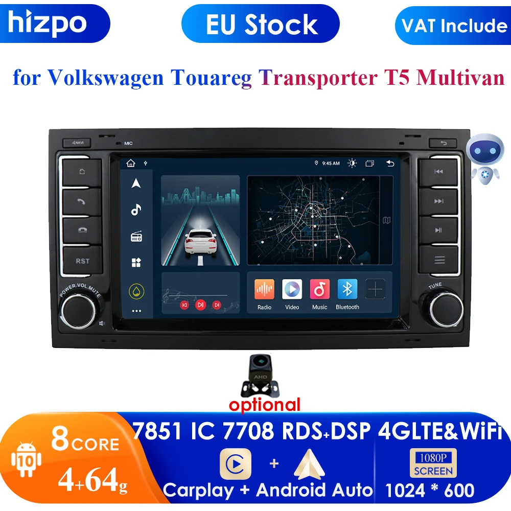 Carplay 4G-LTE 7'' 2Din Android 10 Car Radio GPS for VW Volkswagen Touareg Transporter T5 Multivan Naviagtion Player Audio WIFI |