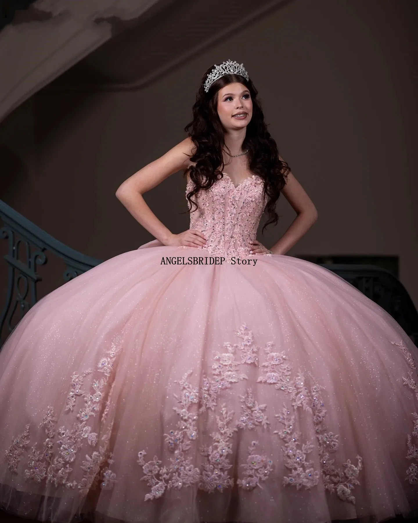 ANGELSBRIDEP Pink 3D Floral Quinceanera Dresses Tiered Lace Applique Beading Mexico Sweet 16 Vestidos De 15 Anos Customized