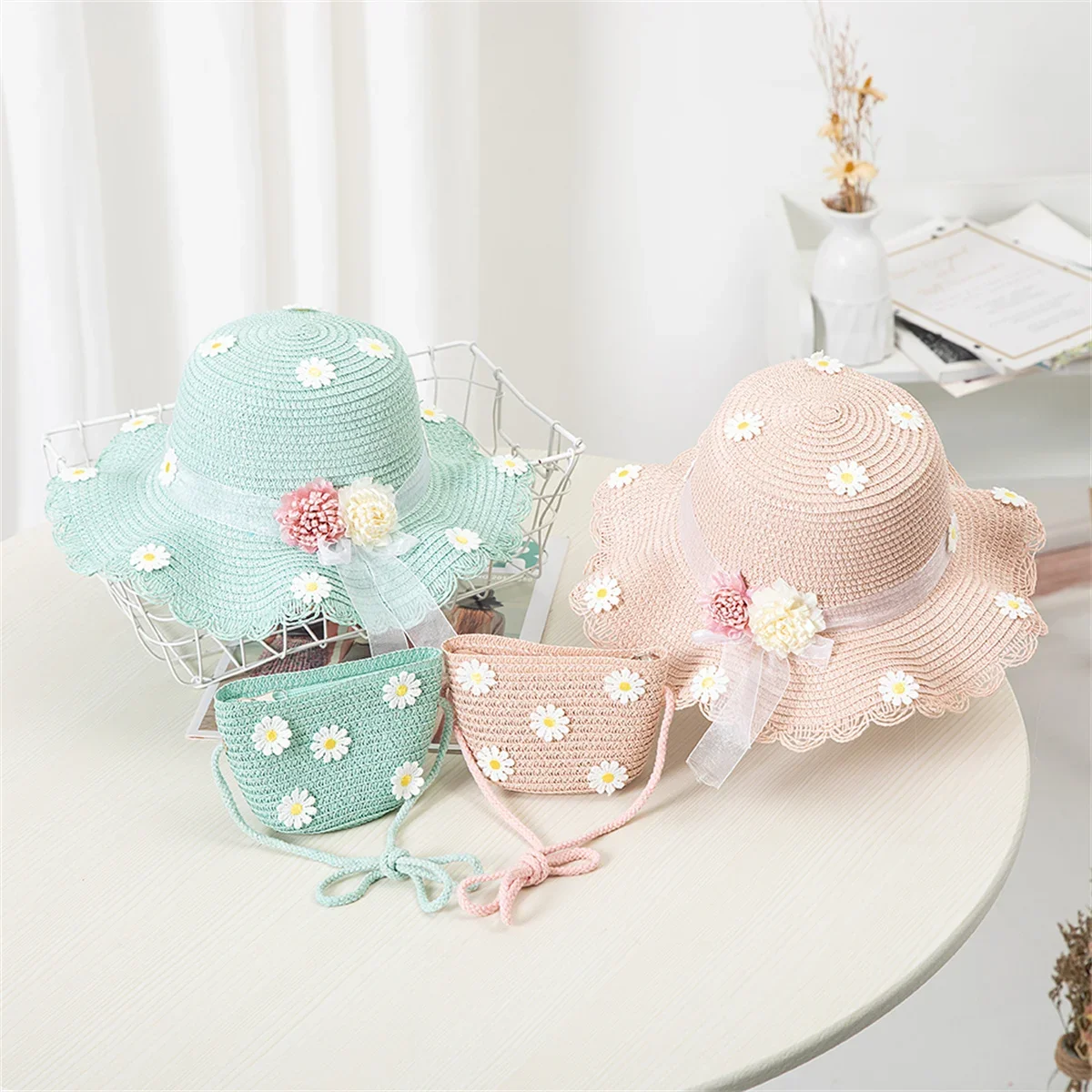 Girls Straw Hat Summer Children Sun Hat Flower Holiday Beach Cap With Kids Bag Street Outdoor Wide Cap Shoulder Bag HandBags
